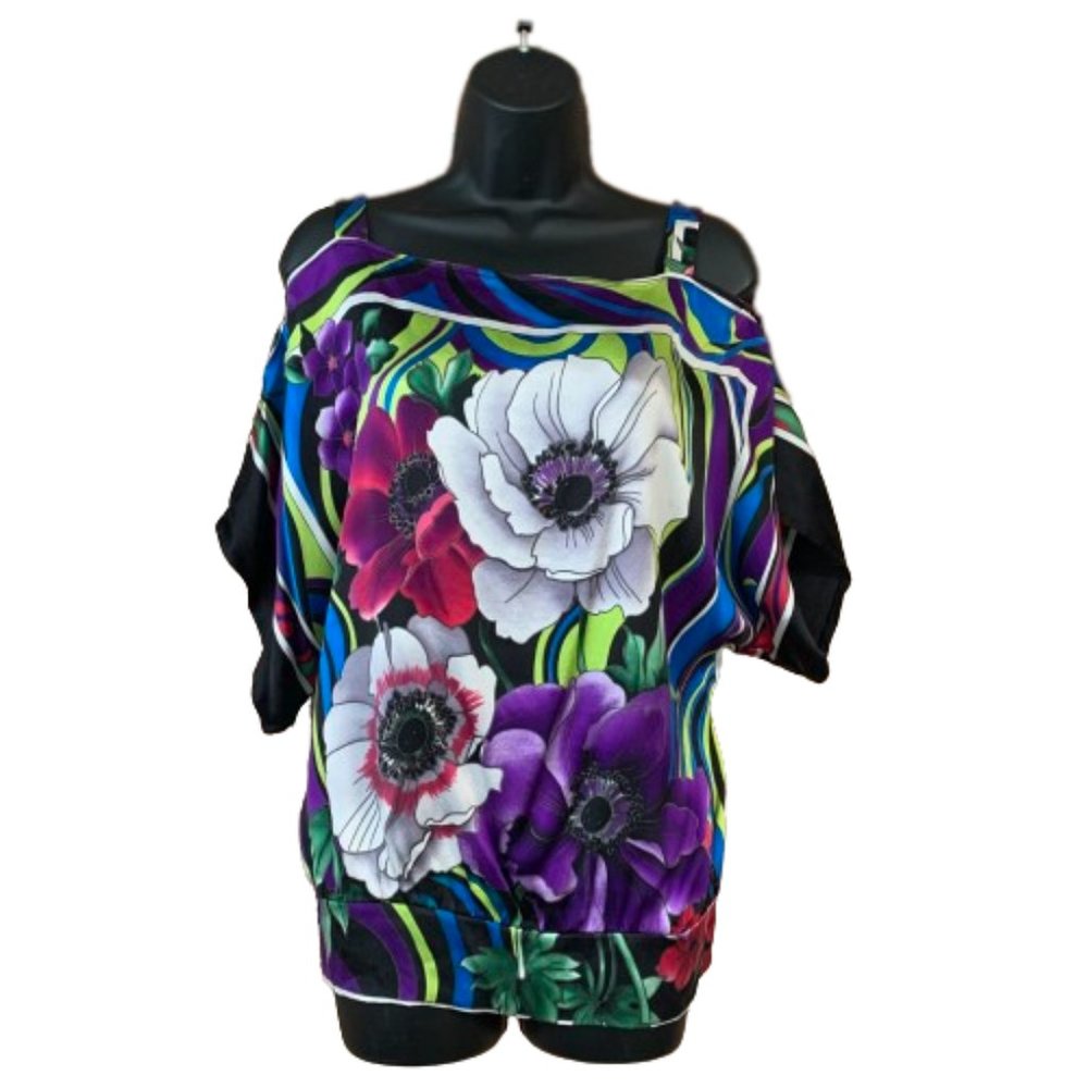 Women's Cache Open Shoulder Silk Medium Bold Floral Print Blouse EUC